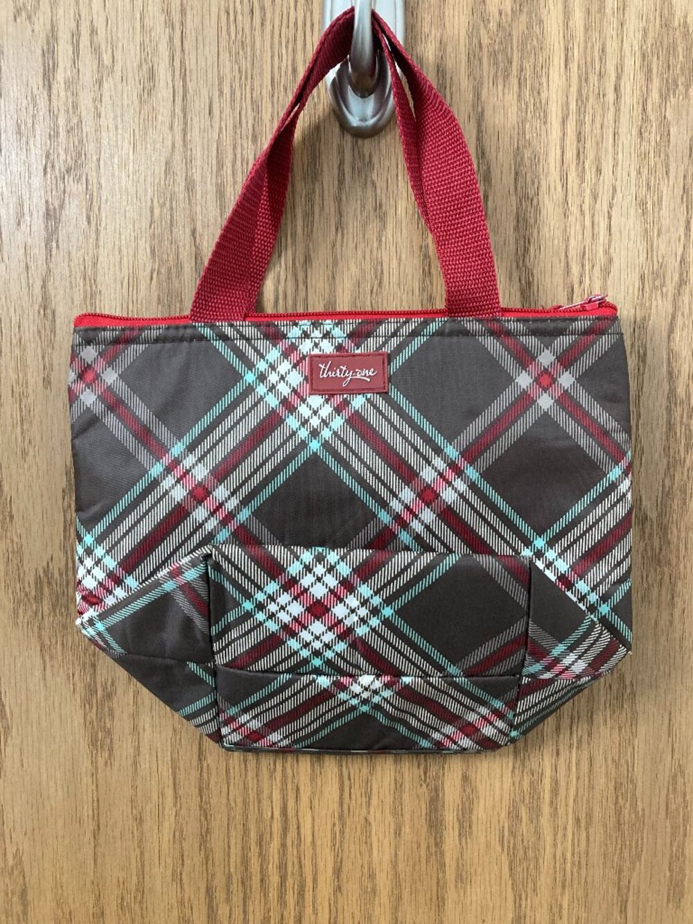 Thirty One Red Brown Plaid Thermal Insulated Lunch Bag Tote